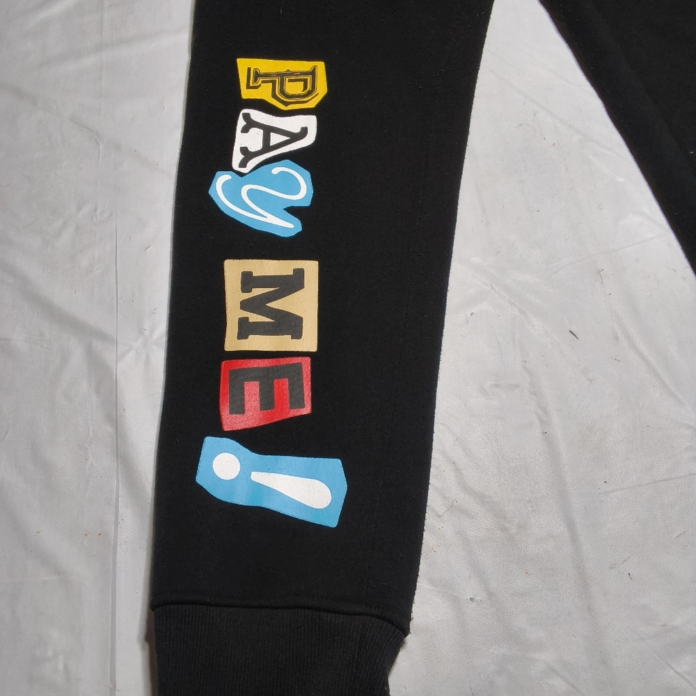 Rebel Minds Black Pay me 🤑 sweatpants W/ stitched, Patchwork Size Large - Picture 3 of 8